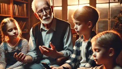 DALL·E 2025-03-03 13.26.11 – An elderly grandfather with a wise expression sits in a wooden chair, surrounded by his grandchildren. The children are holding smartphones, looking a