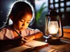 DALL·E 2025-03-03 13.36.45 – A young girl with determined eyes studying under the dim light of an oil lamp at night. She is surrounded by old books and notebooks, deeply focused o