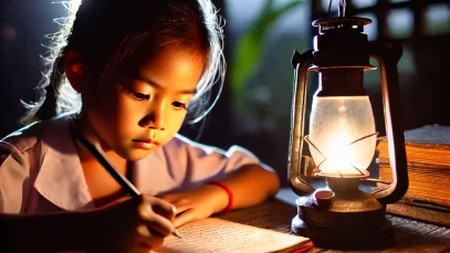 DALL·E 2025-03-03 13.36.45 – A young girl with determined eyes studying under the dim light of an oil lamp at night. She is surrounded by old books and notebooks, deeply focused o