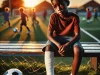 DALL·E 2025-03-03 13.46.55 – A young Black boy sitting on a bench near a football field, looking at the game with a mix of sadness and determination. His leg is wrapped in a banda