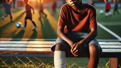 DALL·E 2025-03-03 13.46.55 – A young Black boy sitting on a bench near a football field, looking at the game with a mix of sadness and determination. His leg is wrapped in a banda