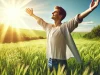 DALL·E 2025-03-03 13.53.37 – A joyful person standing in a sunlit field with arms open wide, basking in the warm sunlight. The scene radiates positivity, with bright blue skies an