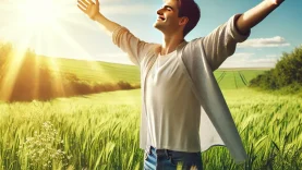 DALL·E 2025-03-03 13.53.37 – A joyful person standing in a sunlit field with arms open wide, basking in the warm sunlight. The scene radiates positivity, with bright blue skies an